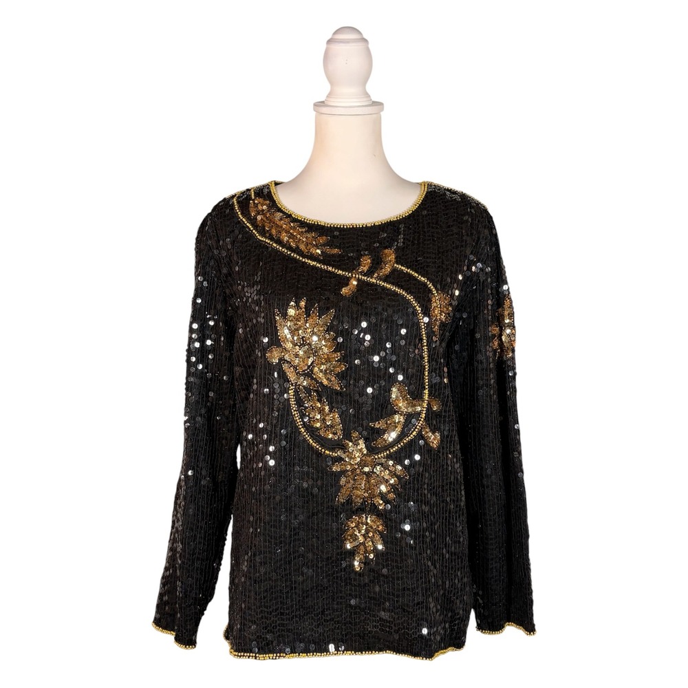 Vintage 100% Silk Sequins Top Women's  XL Retro Glam Party Chic‎ Black